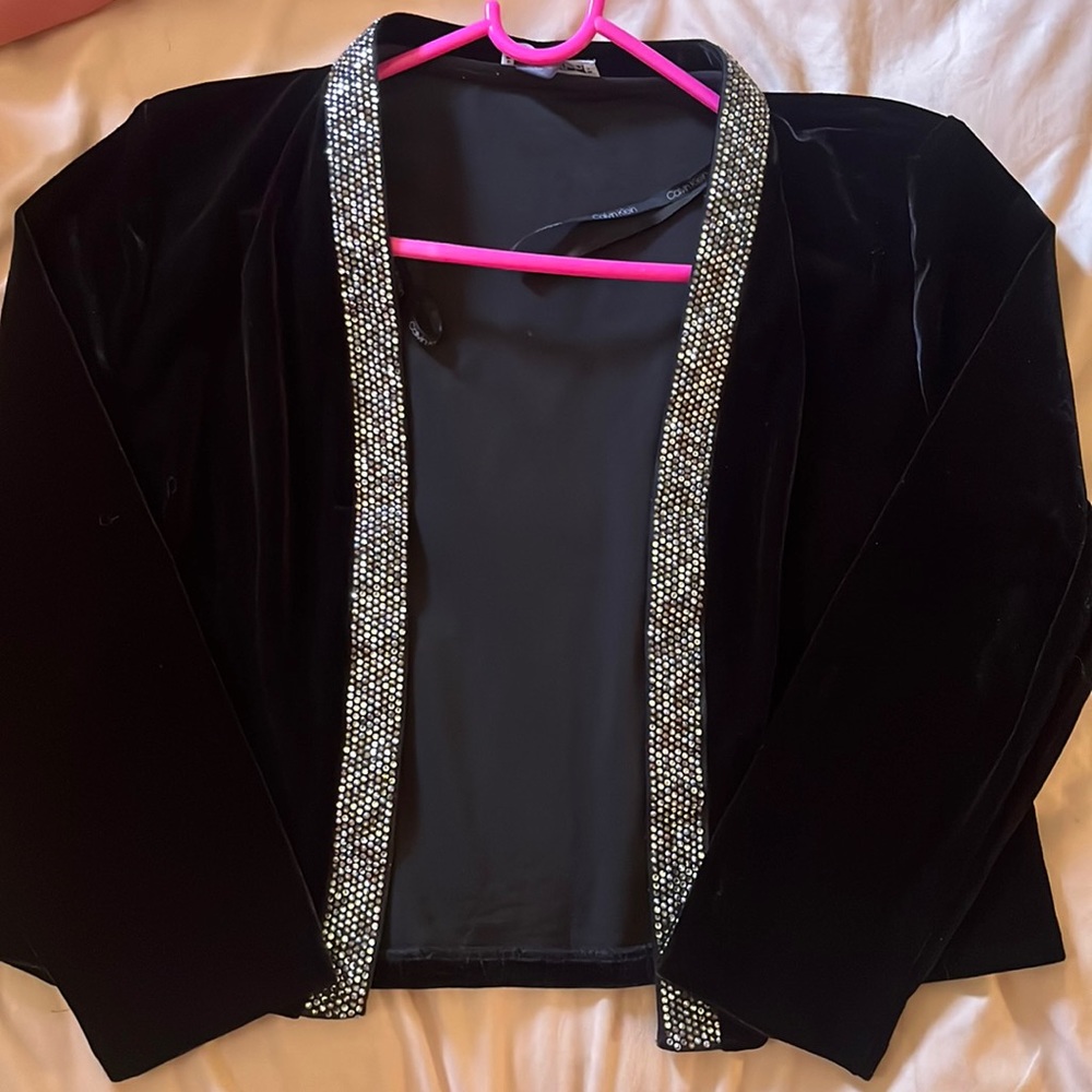 Calvin Klein velvet bedazzled out wear open sweater.